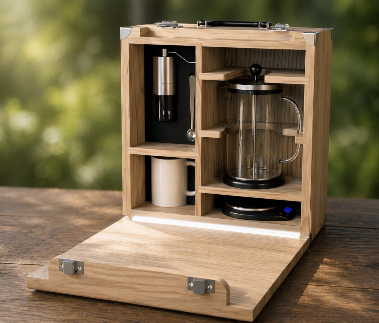The Interval Ritual Kit open, showing French press, grinder, and mug inside the wood box