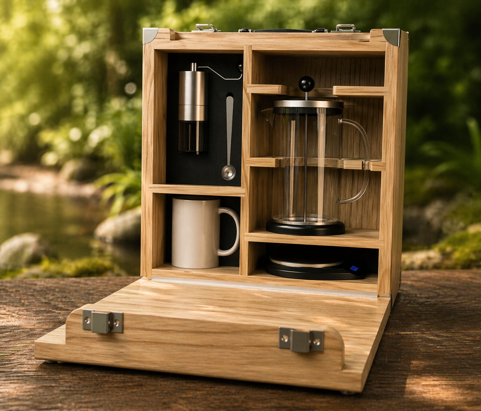 The Interval Ritual Kit open, French press and grinder arranged in a wood box by a river